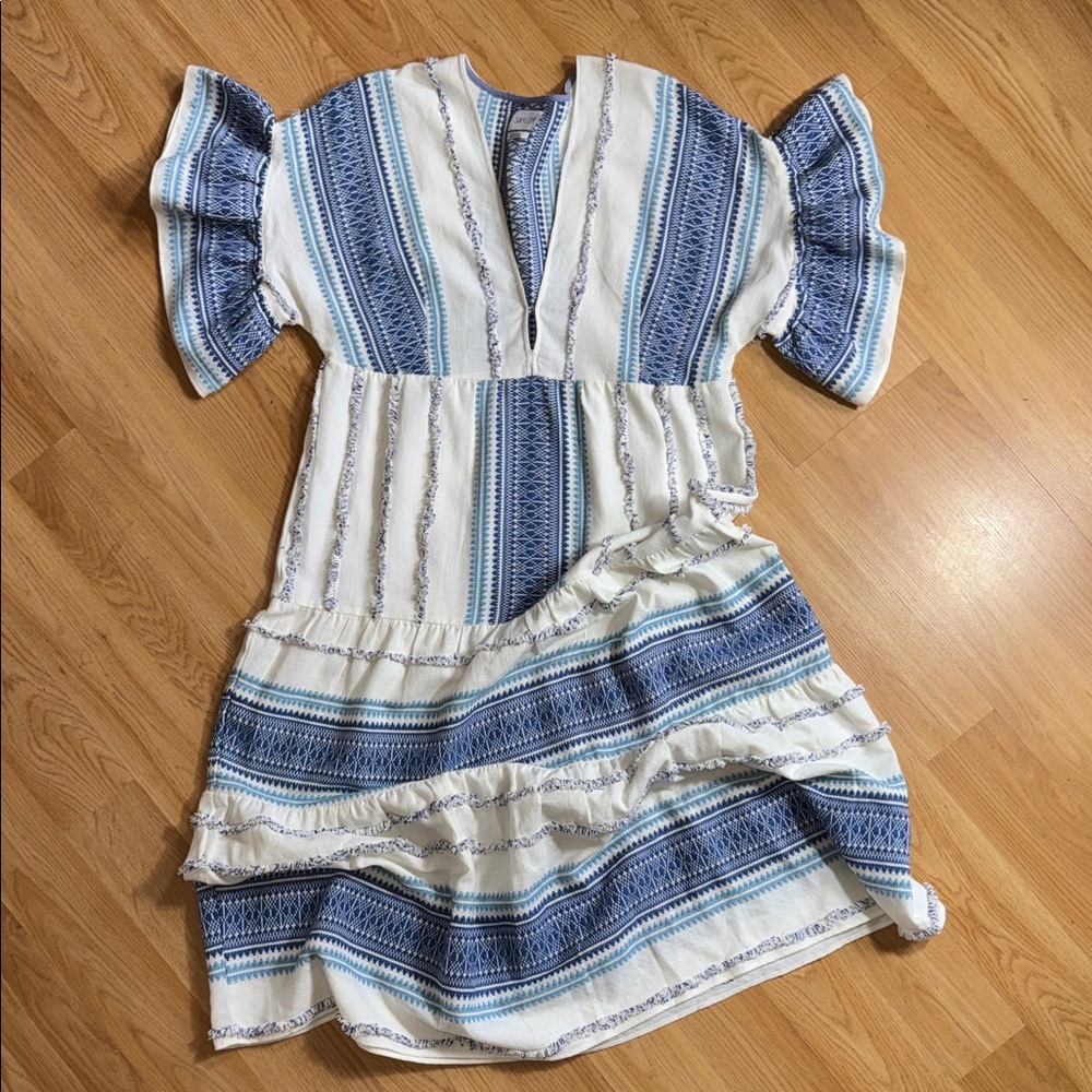 Saylor X Revovle White blue ruffle sleeve midi dress Coastal Midi Boho Size L - Picture 2 of 12